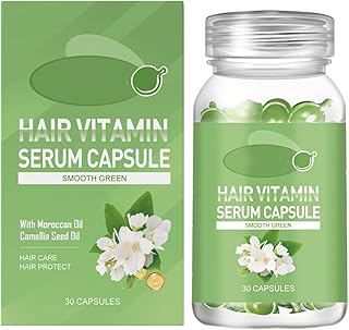 Smooth Green Hair Vitamin Serum Capsules with Camellia Seed Oil, Argan Oil and Jojoba Oil, Natural Fragrance, Non-Sticky Formula, All Hair Types, 30 Capsules