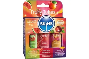 SKINS Flavored Lube Set - 3 Flavored Water Based Lubes - Fruity Edible Lubricant & Licks - Watermelon, Strawberry and Mango & Passionfruit Flavored Lube for Oral Pleasure & Intercourse