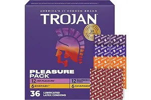 Trojan Pleasure Pack, Assorted Latex Lubricated Condoms for Men, Her Pleasure, Bareskin Studded, Ecstasy & Charged Varieties, 36 Count