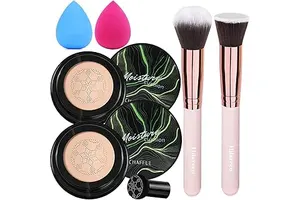 2 PCS Mushroom Head Air Cushion CC Cream Nature Foundation,Foundation Brush Powder Brush,Moisturizing Concealer, Bright Makeup Base Long Lasting with Mushroom Makeup Sponge(#02 Natural)